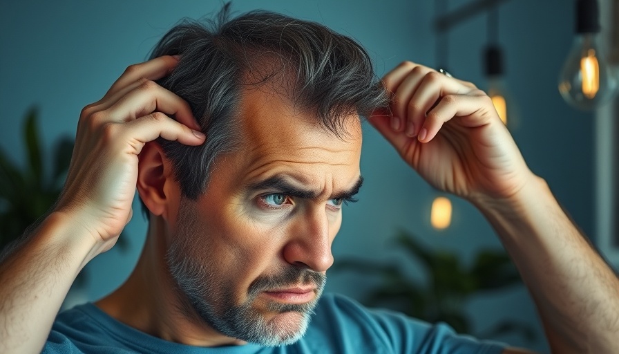 Middle-aged man checking hairline indoors with soft lighting.