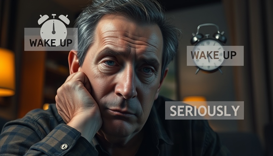 Tired middle-aged man with alarming messages about waking up.