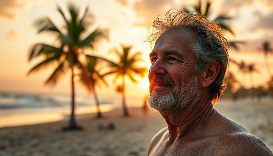 Middle-aged man enjoying hybrid retirement on a tropical beach.