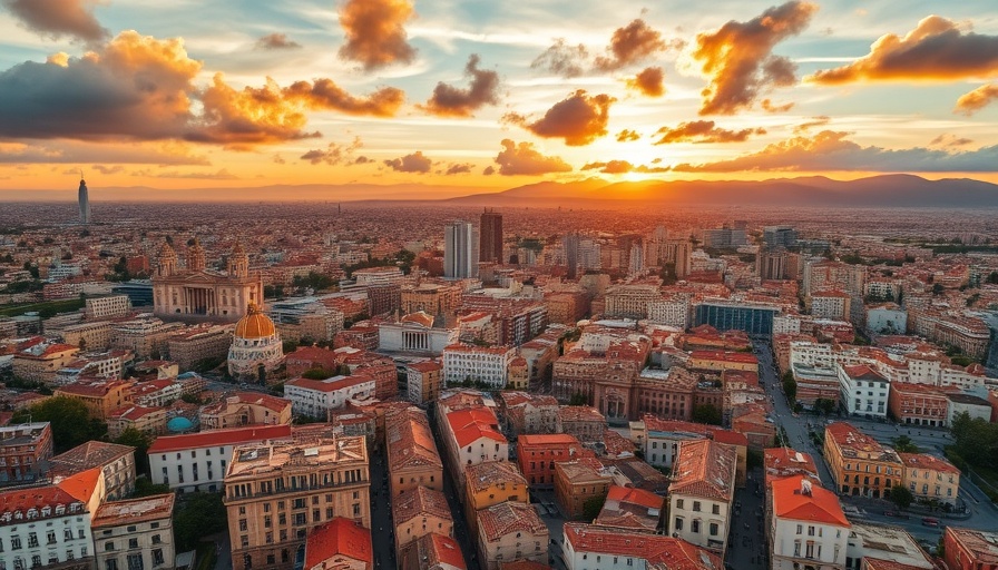Aerial view of Malaga at sunset, capturing cityscape and historic architecture.