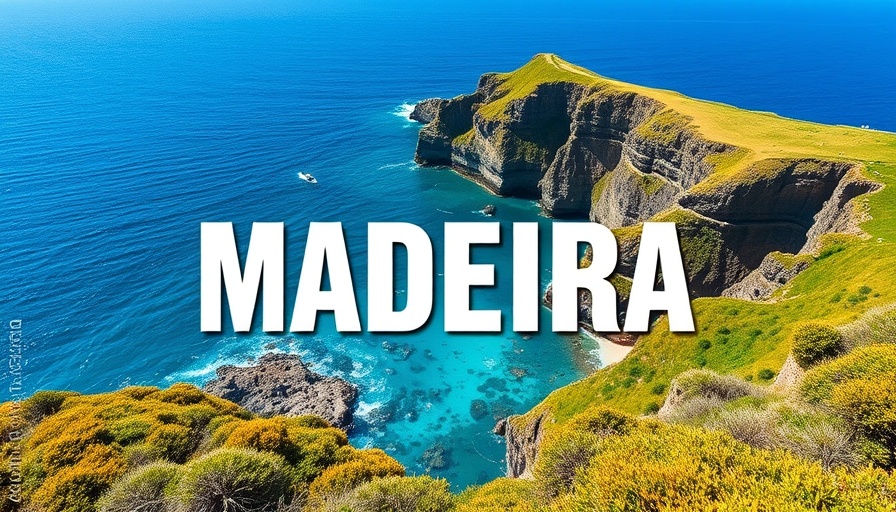 Scenic view of Madeira coast with text overlay 'MADEIRA'.