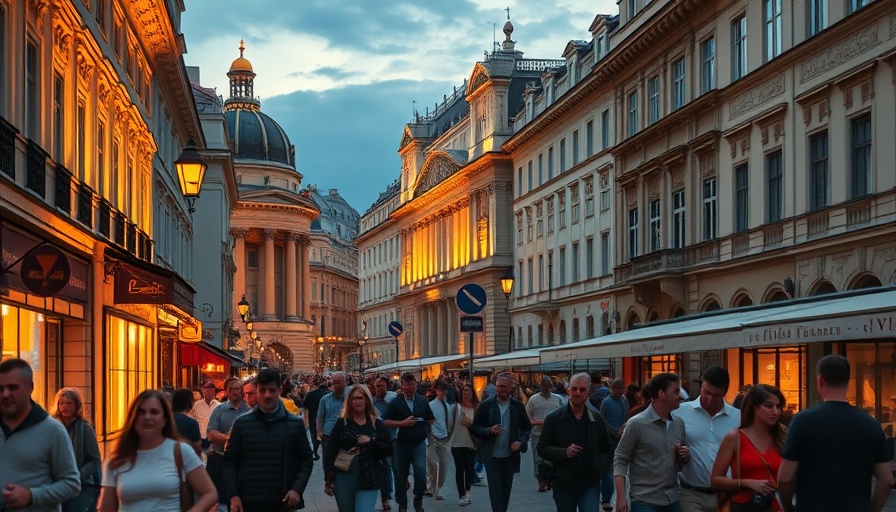 Evening in Vienna with vibrant street lights and tourists.