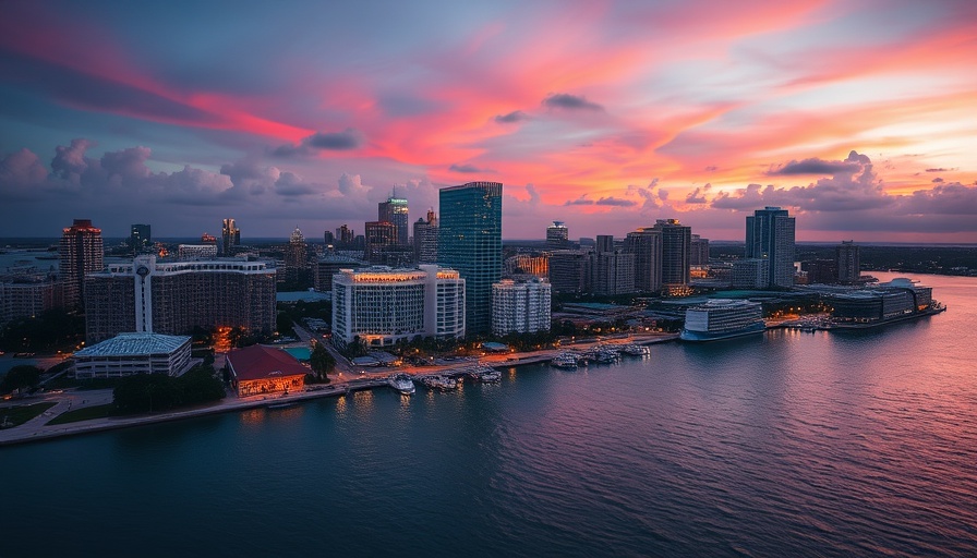 Best Things to Do in Sarasota skyline at sunset with vibrant city lights.