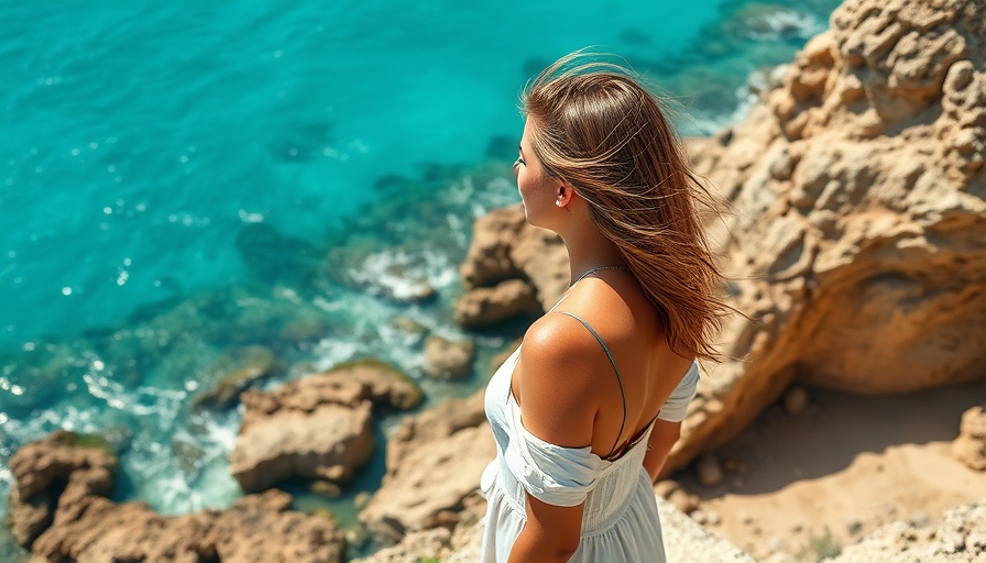 Woman enjoys scenic view of Cyprus coastline.
