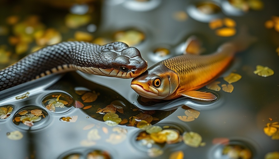 Snake preying on a fish in Louisiana swamp, natural light.