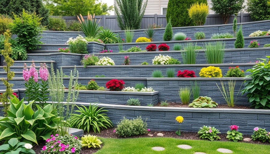 Modern backyard with gray brick retaining wall design.