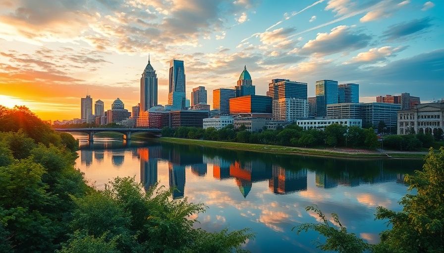 Columbus skyline with river reflection under dynamic sky, Ohio net metering policies.