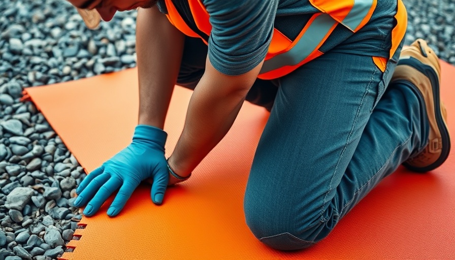 Worker lays orange mat using modern construction technologies.