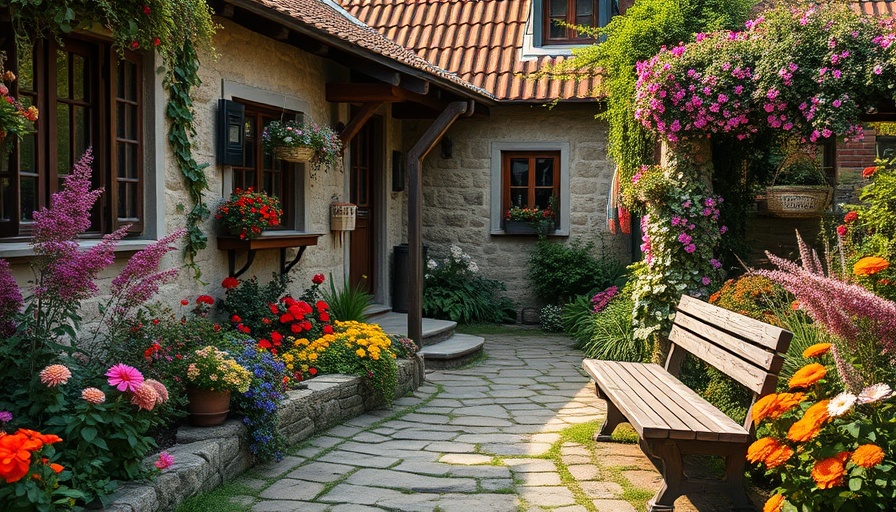 Vintage farmhouse decor with garden and stone path.