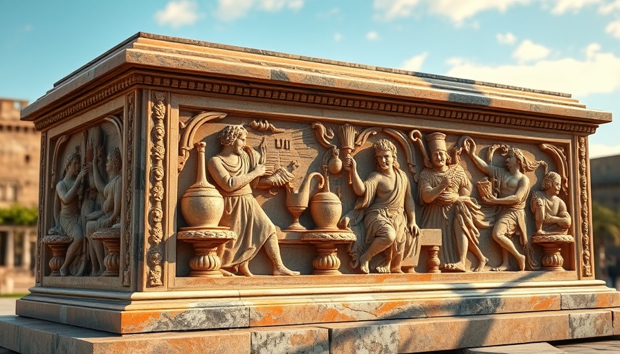 Ancient Roman sarcophagus with drinking contest carving.