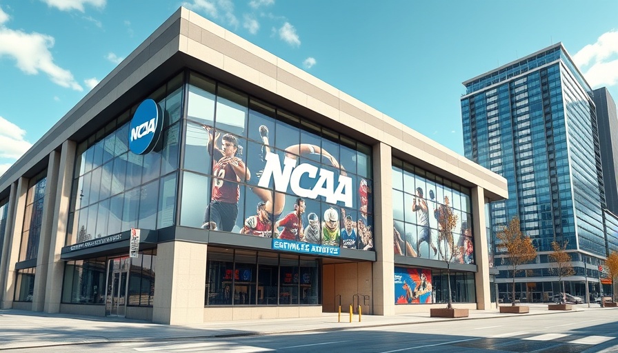 NCAA office building with sports imagery reflecting NCAA sports betting proposal.