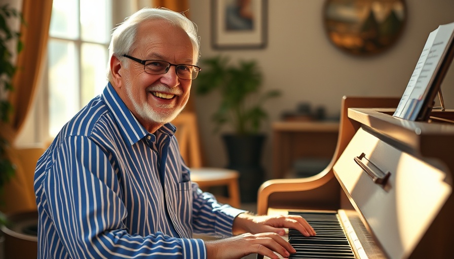 Elderly man playing piano, sunny indoor setting.