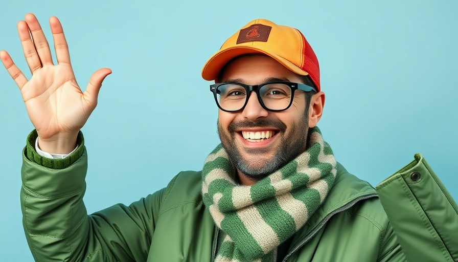 Person smiling and waving with green scarf and cap, festive scene.