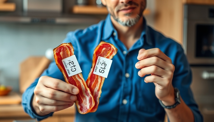 Comparison of expensive versus cheap bacon strips highlighting health benefits.
