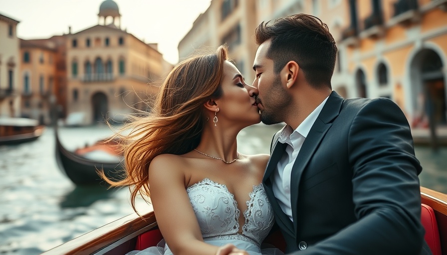 Romantic couple kissing on Venetian boat - Jeff Bezos Venice Wedding.