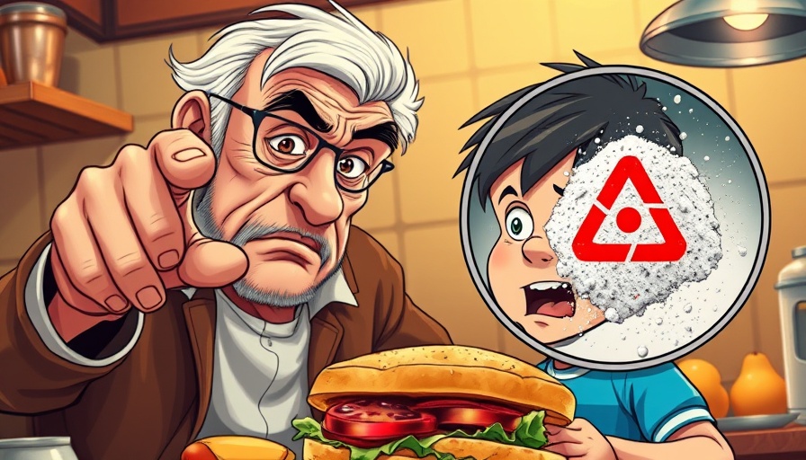 Cartoon man warns against toxic ingredients in food as child eats sandwich.