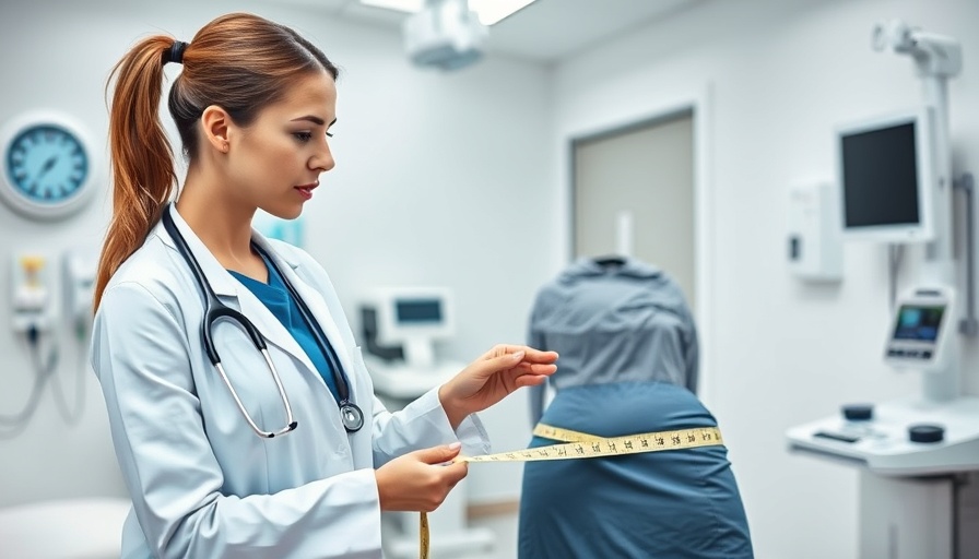 Doctor measures patient's waist in a clinic, highlighting body fat as a health risk predictor.