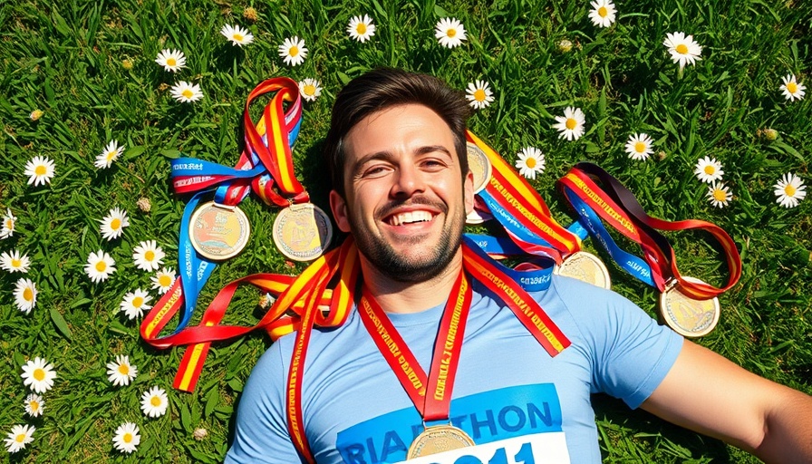 Man surrounded by marathon medals celebrating 465 half-marathons record.