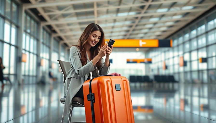 Young woman at airport planning trip with orange suitcase.