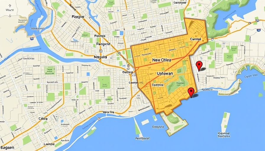 Map highlighting Uptown New Orleans area affected by water main break.