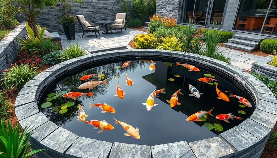 Elegant raised koi pond design with colorful fish and lush garden.