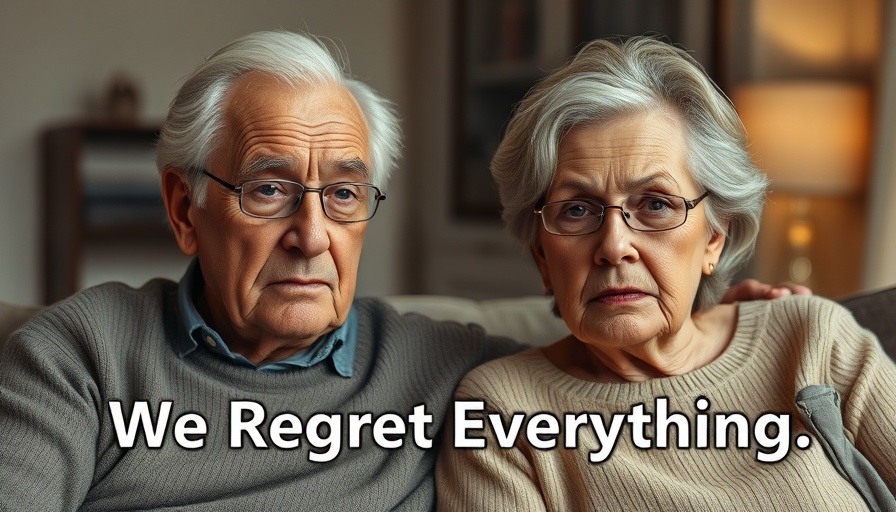 Older couple expressing regret with text 'We Regret Everything' indoors.