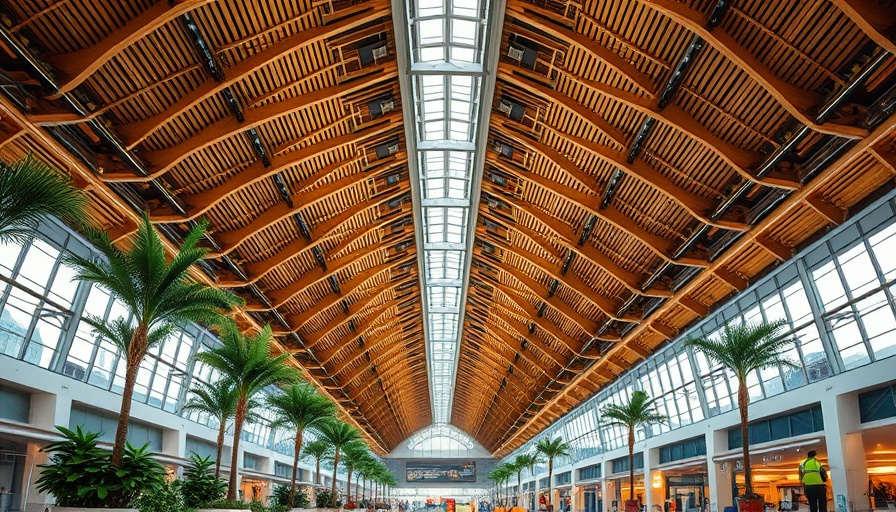Modern airport terminal with lush greenery and wooden ceiling
