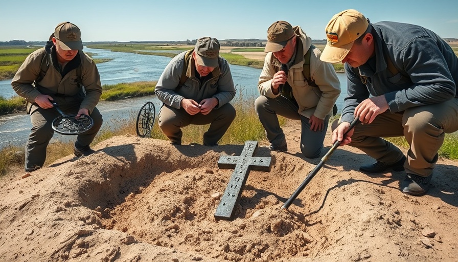 Metal detectorists discovering Viking treasures near a river.