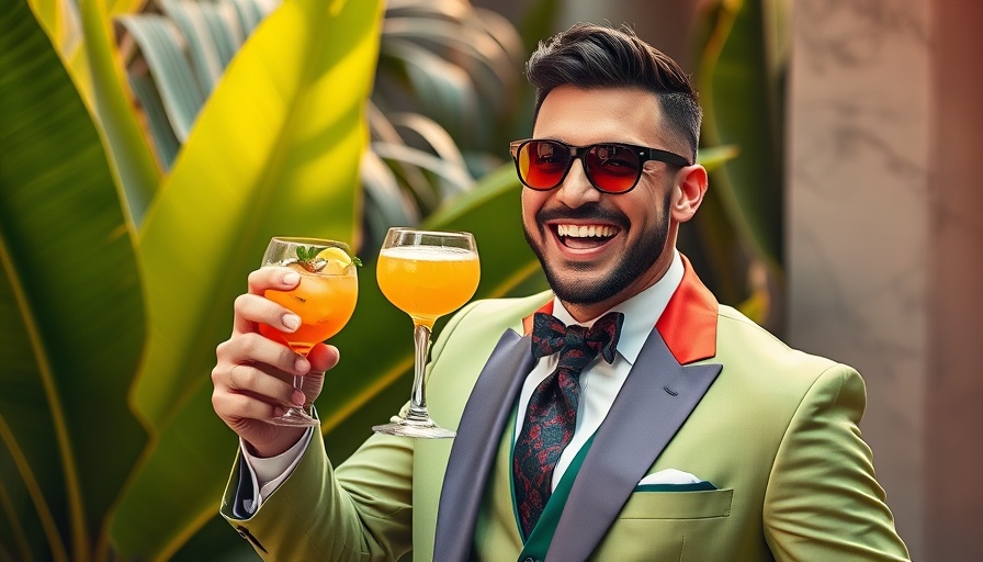 Cheerful man in vibrant outfit holding a drink against lush backdrop.