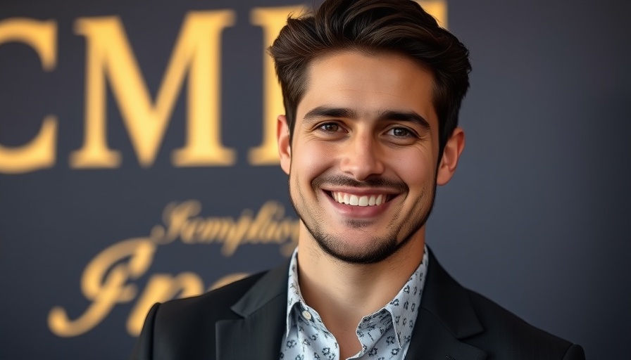 Man smiling confidently in front of a golden text backdrop.