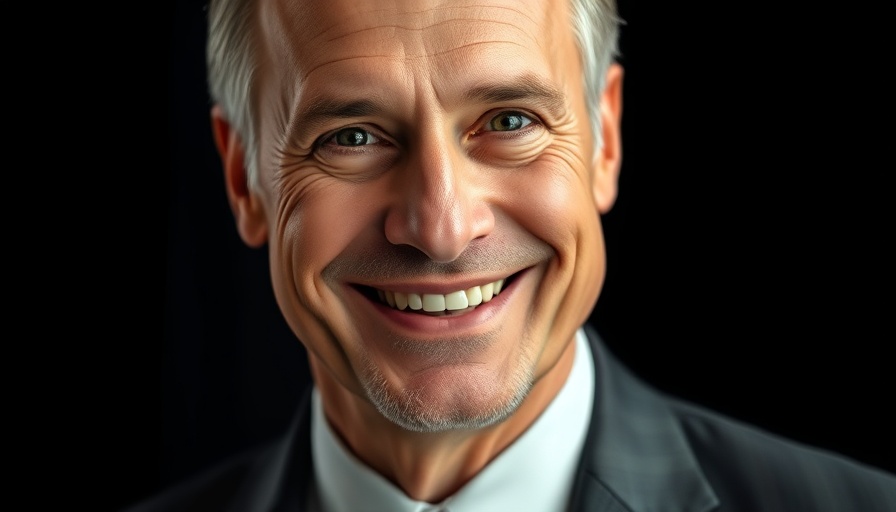 Middle-aged man smiling at event, formal attire, strong lighting.