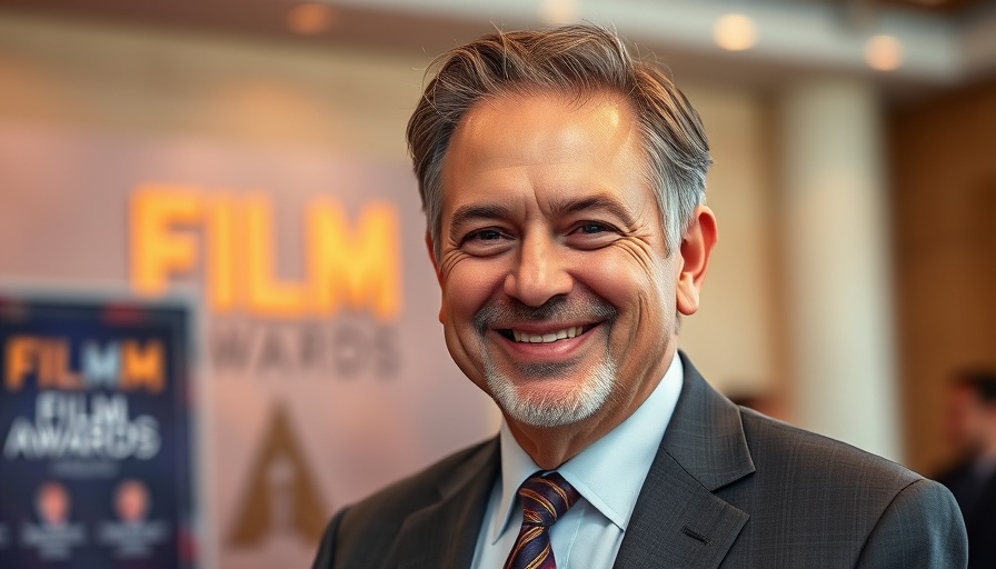 Middle-aged man in formal attire smiling at film award event.