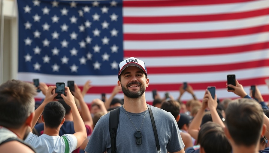 Crowd takes photos of man at American flag backdrop, UFC fight at the White House theme.