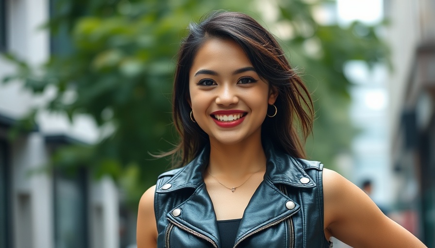 Confident woman in black leather vest outdoors, street scene
