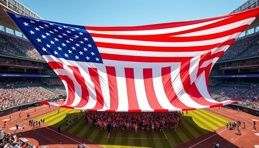 Large American flag on baseball field for July Fourth Celebrations.