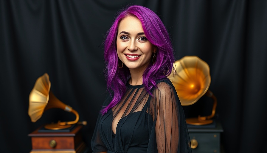 Woman with purple hair smiling at black backdrop event