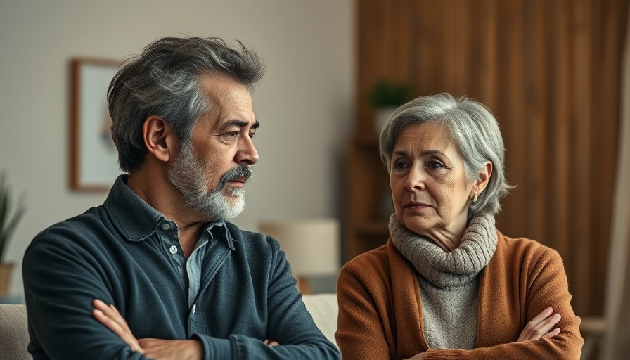 Middle-aged couple discussing emotions, vibrant text about feelings.