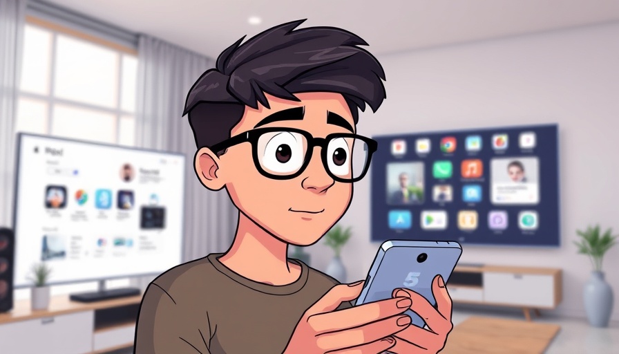 Smart home automation interface for Apple users in cartoon scene.