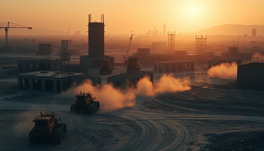 Sunset over ruins with construction vehicles and dust, Israel Hamas conflict.