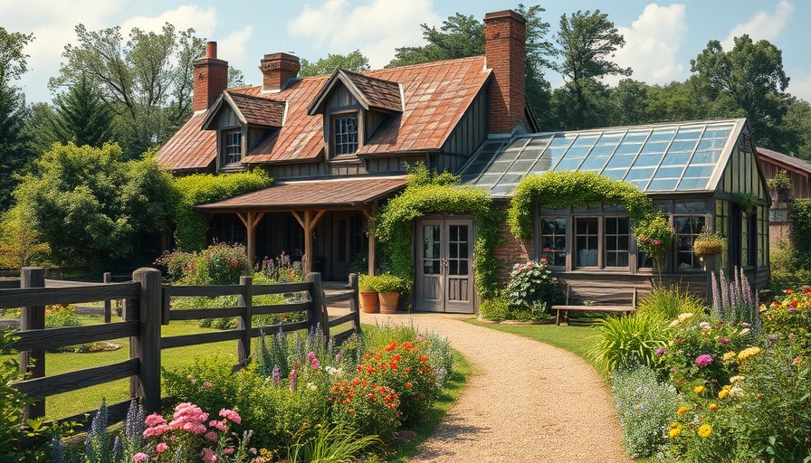 Vintage rustic farmhouse decor with lush gardens and greenhouse.