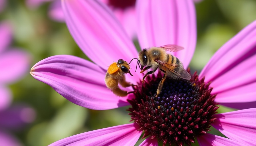 Bee on purple flower in a garden setting.