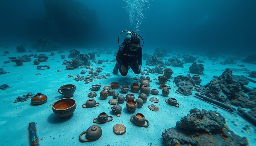 Diver exploring ancient shipwreck ceramics, underwater archaeology, lifelike.