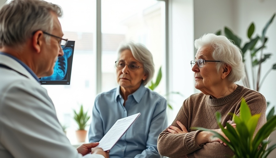 Elderly couple discussing lung X-ray with doctor in medical office.