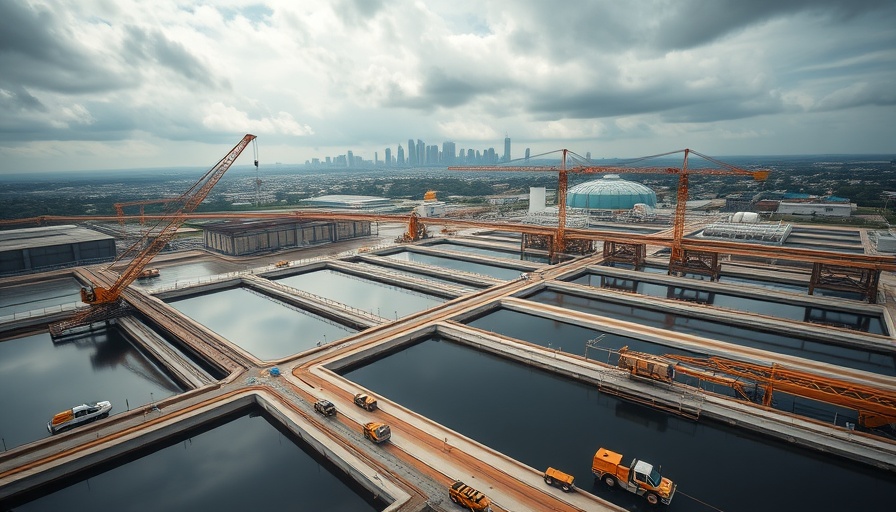 Aerial view of Oak Street flooding preparedness facility with cranes and basins.