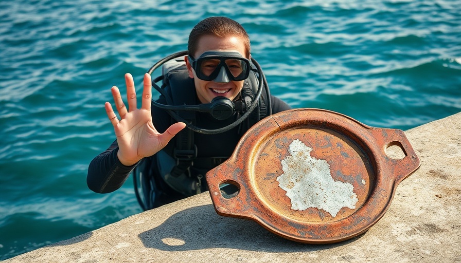 Diver celebrating SS N shipwreck discovery next to artifact.