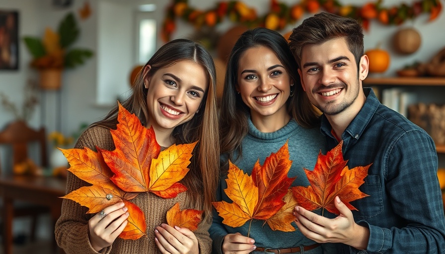 Creative art from fallen leaves showcased by smiling young adults indoors.