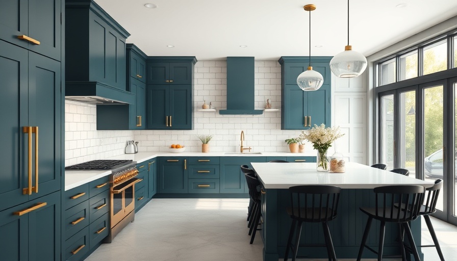 Sleek modern kitchen design with teal cabinets and white countertops.