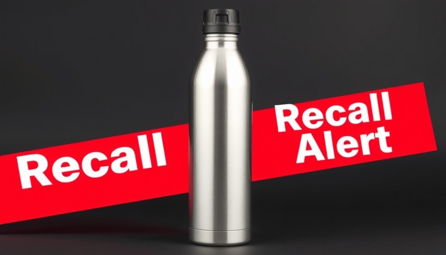 Ozark water bottle recall alert with silver bottle and red banner.