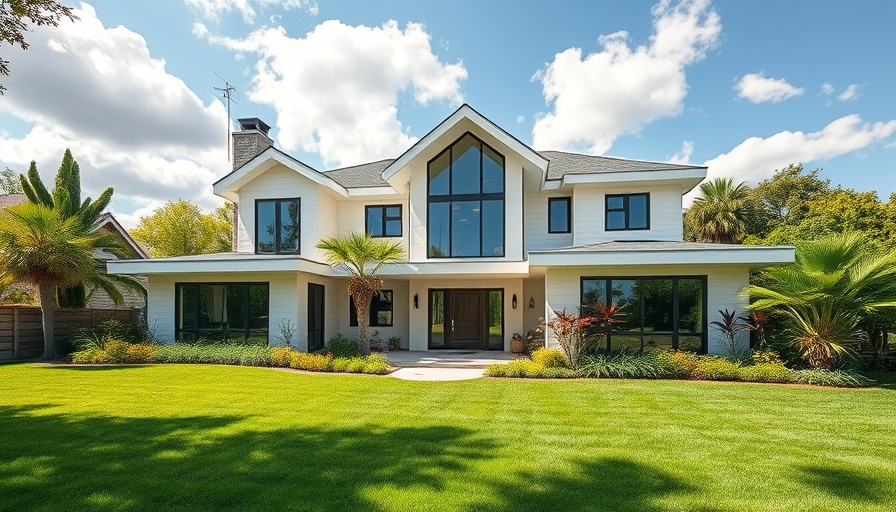 Whimsical modern home design with a gabled roof and lush yard.