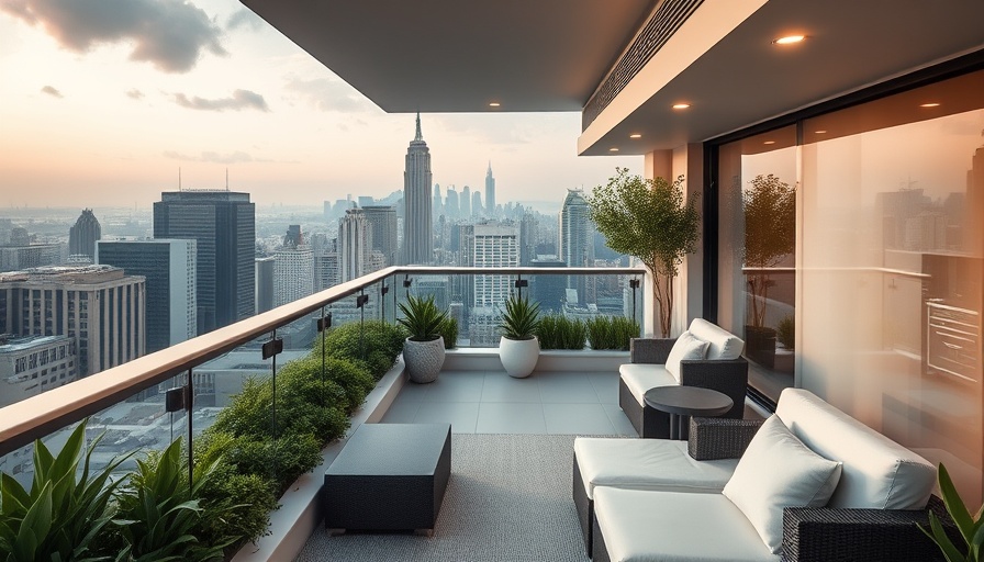 Sleek modern apartment terrace design with city view, plush seating.
